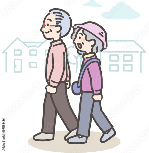 町中を歩くシニア層の男性と女性のカップル