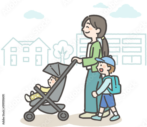 町中で、赤ちゃんが乗ったベビーカーを押すお母さんと子ども