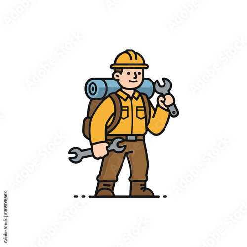 Construction worker with backpack holding wrenches, ready for outdoor job, cartoon style