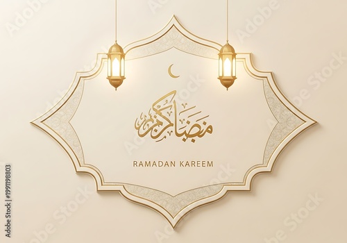 Ramadan kareem greeting with arabic calligraphy and hanging lanterns calligraphy greeting