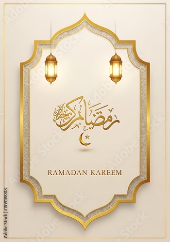 Elegant ramadan kareem greeting with arabic calligraphy and lanterns greeting calligraphy