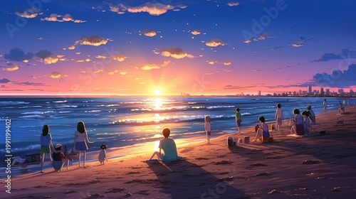 Tropical Beach Sunset with Palm Trees and Beach Houses, Vibrant Coastal Night Illustration