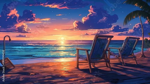 Tropical Beach Sunset with Palm Trees and Beach Houses, Vibrant Coastal Night Illustration