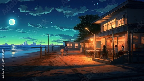 Tropical Beach Sunset with Palm Trees and Beach Houses, Vibrant Coastal Night Illustration