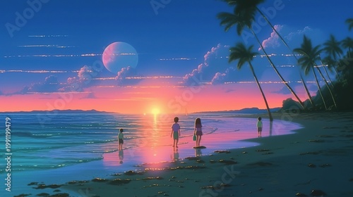 Tropical Beach Sunset with Palm Trees and Beach Houses, Vibrant Coastal Night Illustration