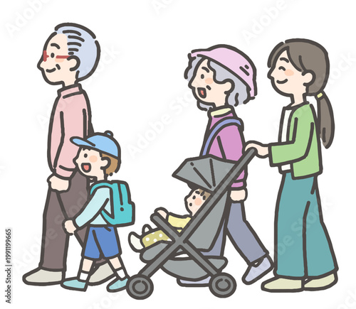 赤ちゃんが乗ったベビーカーを押すお母さんと、老夫婦と子ども（孫）
