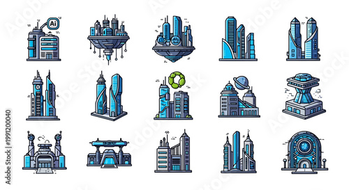 A modern collection of futuristic building icons with clean composition and strong line art. Featuring imaginative architecture concepts such as neural hubs, hyperloop stations