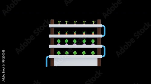 3d animation of hydroponic farm shelves with growing vegetables