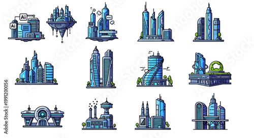 Creative vector illustration set of futuristic buildings with strong black line art and solid colors. Each icon presents a different advanced technology structure