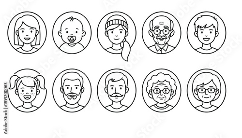 Collection of diverse people icons in circles with line art diversity illustration headshot portrait generations community character business