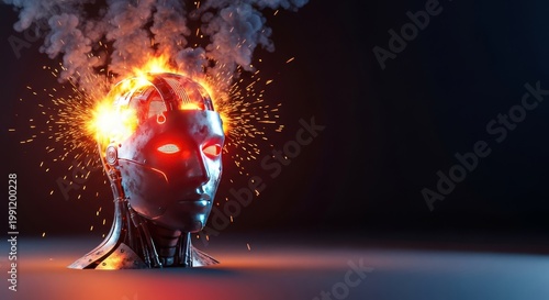 Intense bright sparks erupt from the metallic head of a malfunctioning mechanical android as heat and smoke billow from internal circuits, smoke, industrial, damage