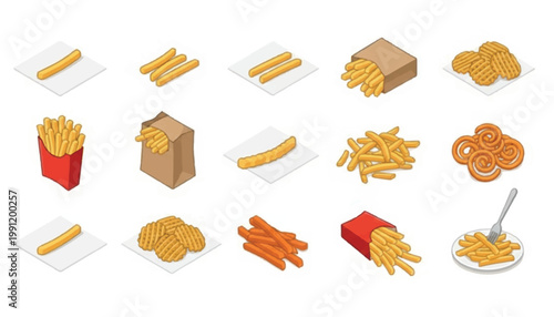 Assortment of isometric icons featuring fried potatoes and onion rings french fries fast food potato wedges side dish street food junk food