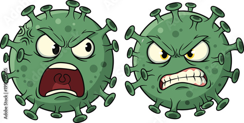 Angry Virus Cartoon Illustration with Aggressive Germ Characters for Medical Awareness, Infection Concepts, and Healthcare Design