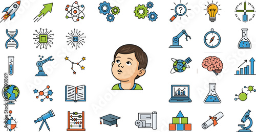 STEM education vector illustration showing child with science, technology, engineering, and mathematics icons