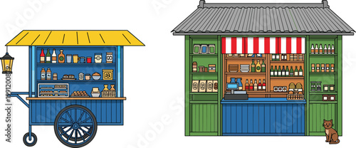 Street Food Cart and Small Shop Illustration with Retail Kiosk and Vendor Stall for Business, Urban Market, and Local Commerce Concepts