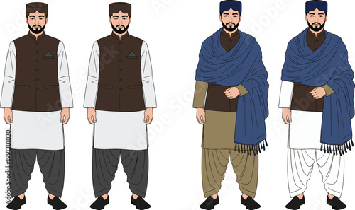 Traditional Pakistani Men Clothing Illustration with Cultural Outfits for Ethnic Fashion, Lifestyle, and South Asian Design Concepts