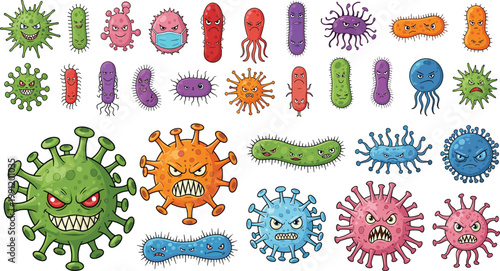 Colorful Bacteria and Virus Cartoon Collection with Microorganism Characters for Medical Awareness, Science Education, and Infection Concepts