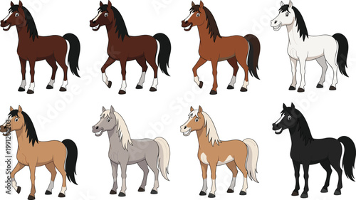 Horse Cartoon Collection Illustration with Different Breeds and Colors for Farm Animals, Wildlife Design, and Kids Educational Concepts