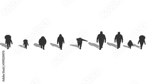 Silhouettes of people walking from above with white background people shapes gender neutral size variation silhouettes movement abstract