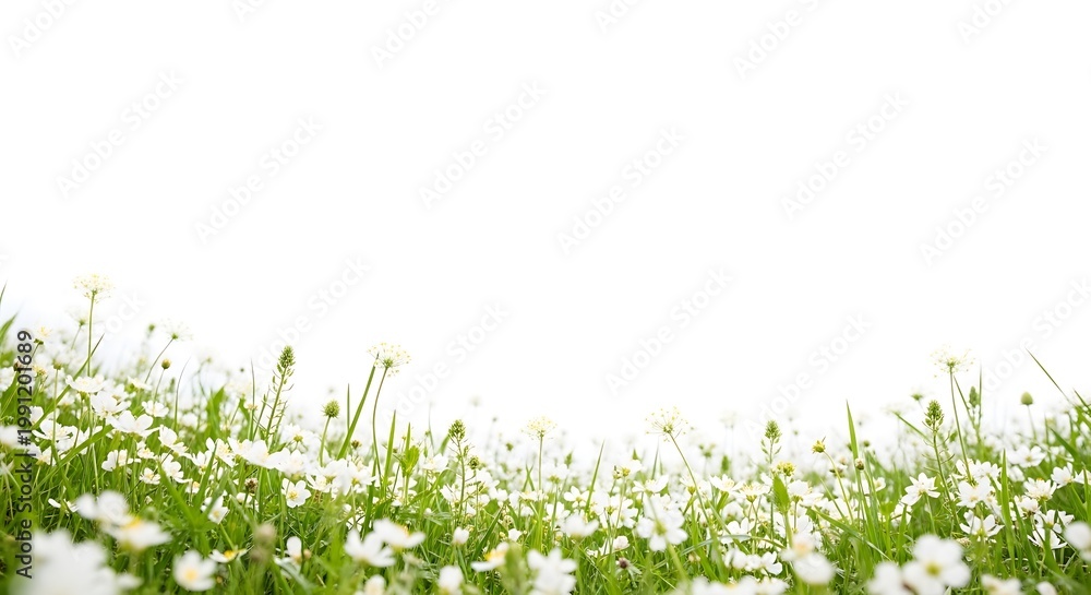 Fototapeta premium Field of fresh green grass and white wildflowers with copy space