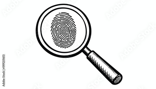 Magnifying glass over fingerprint with fingerprint investigation identity discovery evidence forensic detective analysis identification
