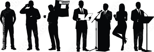Media and Public Speaking Silhouette Illustration with Reporters, News, and Speakers for Journalism, Communication, and Event Concepts