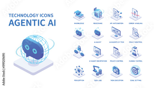 Agentic AI technology icons with isometric 3D chatbot artificial intelligence machine learning technology isometric innovation automation