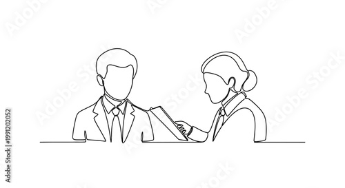 Business meeting, two professionals discussing documents, minimalist line art