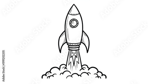 Sketch of a rocket launching with smoke and fire blast off illustration transport starship