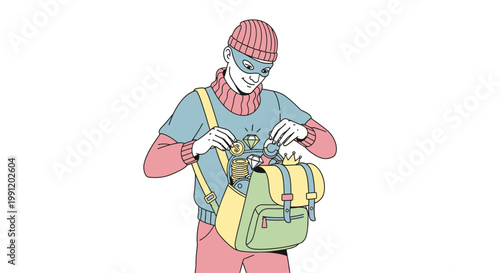 Man wearing ski mask and bag.