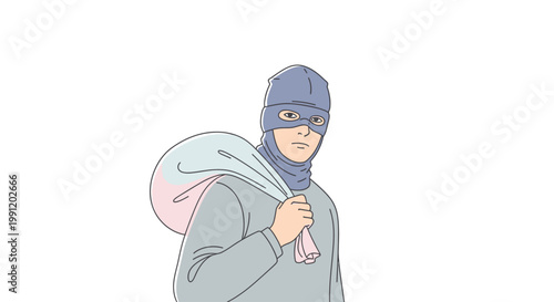 Man wearing ski mask and carrying bag.
