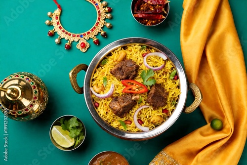 Indian Biryani Feast: Mutton, Beef, and Tandoori Chicken with Festive Decor
