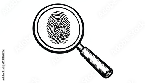 Magnifying glass over a fingerprint with a black and white illustration of a magnifying glass focused on a fingerprint, identification