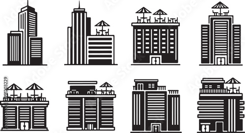 Black and white city skyline eight buildings with varying architectural styles