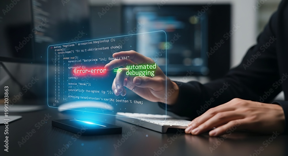 Fototapeta premium Automated debugging concept. A developer's hands watch a holographic line of code that self-corrects from a red error to green correct syntax.