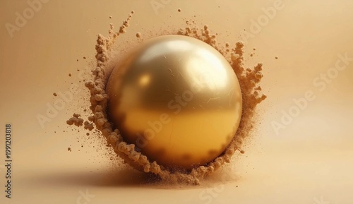 Abstract Golden Sphere with Dynamic Powder Explosion on Beige Background