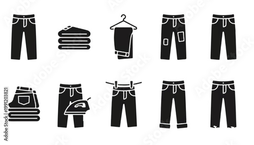 Collection of black icon graphics representing jeans with apparel icon apparel design casual wear fashion icon clothing icon pants icon clothing