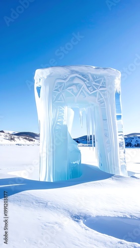 A majestic ice sculpture stands alone in a snowy landscape