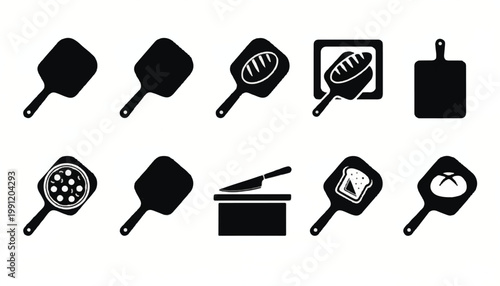 Pizza peel and cutting board icons with restaurant equipment food preparation restaurant supplies silhouette restaurant pizzeria collection