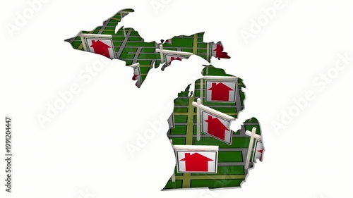 Michigan MI Real Estate Market Homes Houses For Sale Signs Map Move Relocate 3d Animation