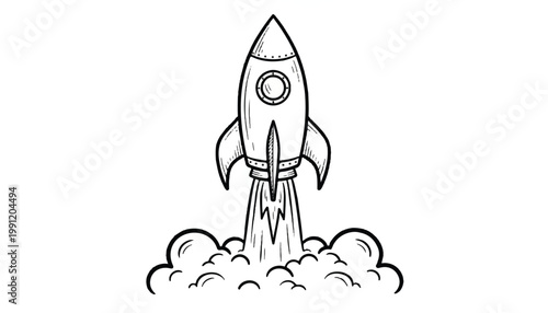 Rocket launching with flames and smoke illustration blast off black and white spacecraft spaceship boosters ignition illustration transport