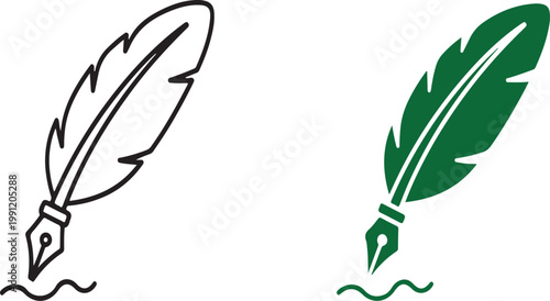 Quill pen black and green, on white background, feather writing