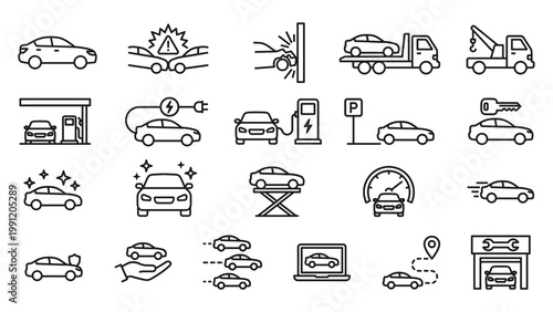 car service icons. automobile service icons set including car repair charging station towing and vehicle maintenance