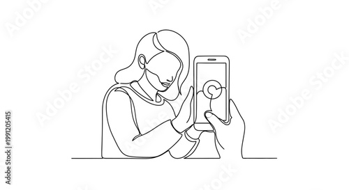 Woman using smartphone with loading icon on screen, continuous line drawing