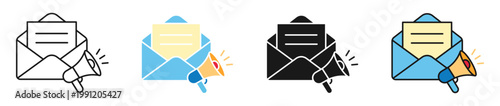 Email marketing icons. Email marketing announcement and newsletter notification icons for digital communication and business advertising