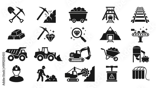 mining and extraction icons. industrial mining icons for heavy equipment logistics and mineral extraction resources