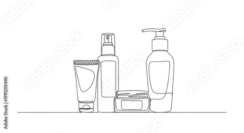Cosmetic Products Line Art: Skincare Bottles, Jar, and Tube on White Background