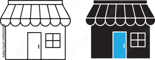 Simple storefront with awnings, black and white and black with blue door