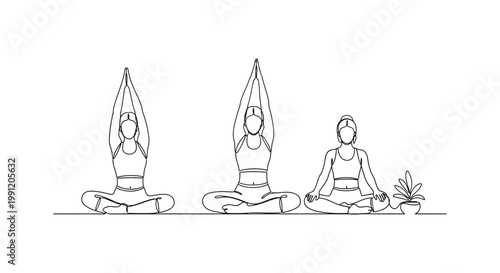 Three women meditating in lotus pose, yoga, mindfulness, wellness, healthy lifestyle, line art