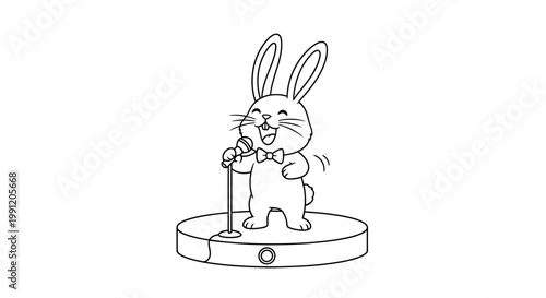 A cheerful cartoon rabbit wearing a bowtie stands on a stage and sings into a microphone with enthusiasm.